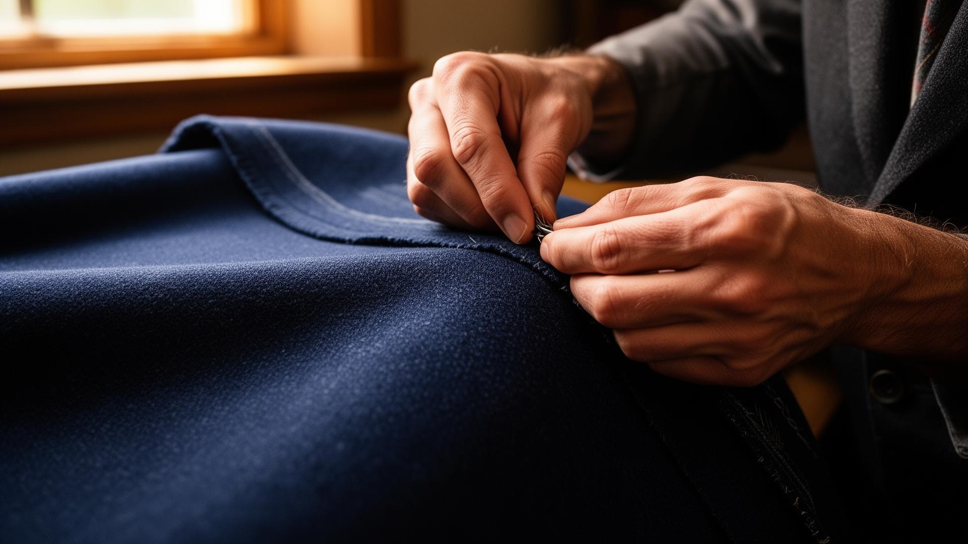 Craftsman hand-stitching navy heritage fabric