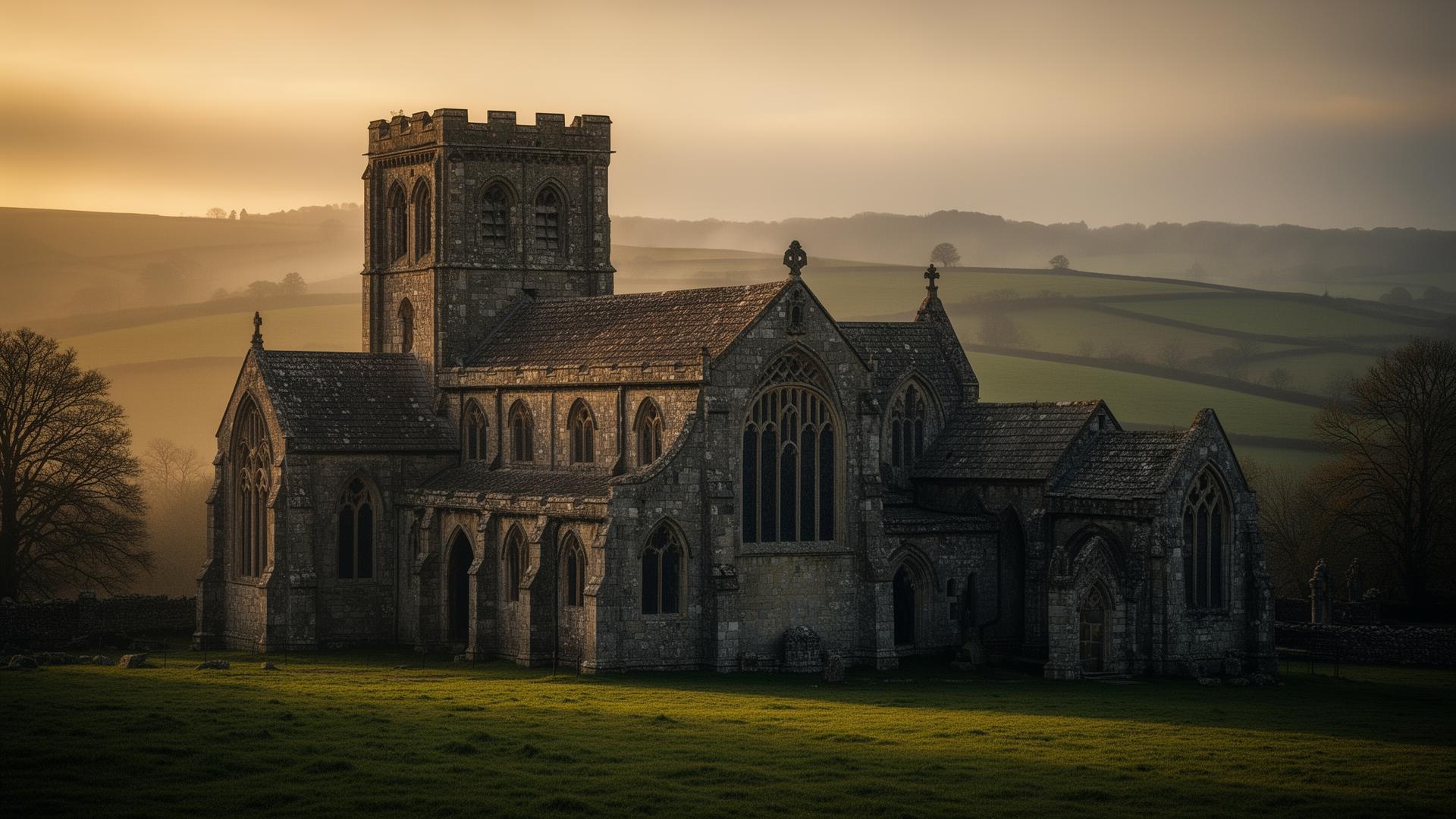 Ancient English abbey at dawn