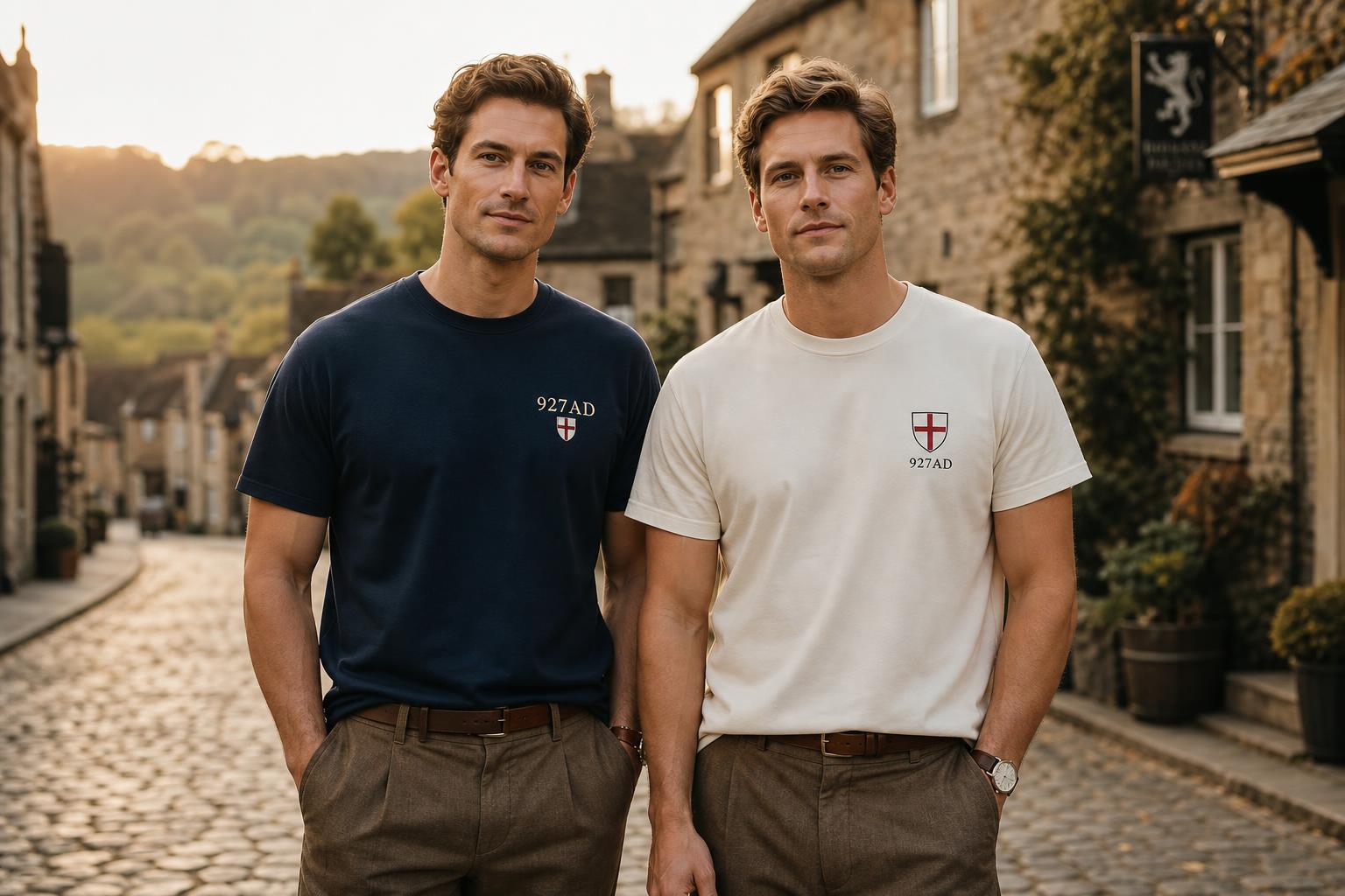 Two men in heritage casualwear on a cobbled English village street